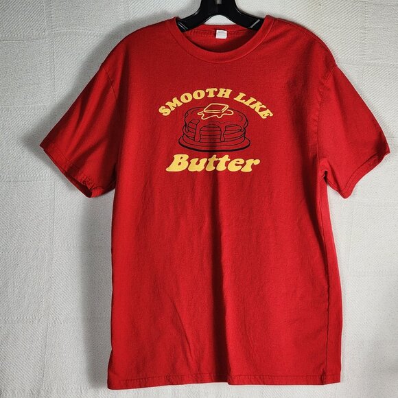 Red Cotton Poly Soft Yellow Graphic Pancake Smooth Like Butter SS T-Shirt Size L - Picture 1 of 16